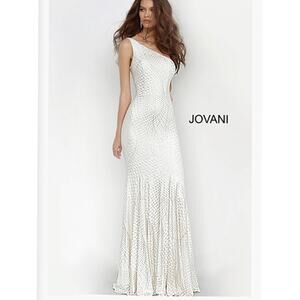 Jovani One Shoulder Trumpet Glitter Prom Dress Formal Women 8 Off White Gold
